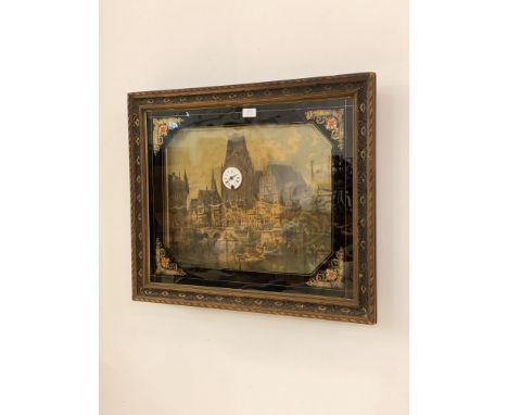 An early 20th century German H.A.C picture clock, the painted panel depicting a water front clock tower, the clock with a whi