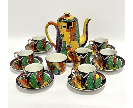 A 1920s / 30s English china fifteen piece coffee set complete with coffee pot with domed cover, (19cm) and a set of six demit