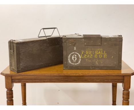 Two plywood ammunition crates, each with carry handles, one stamped WD and with broad arrow, (W61cm, W41cm)
