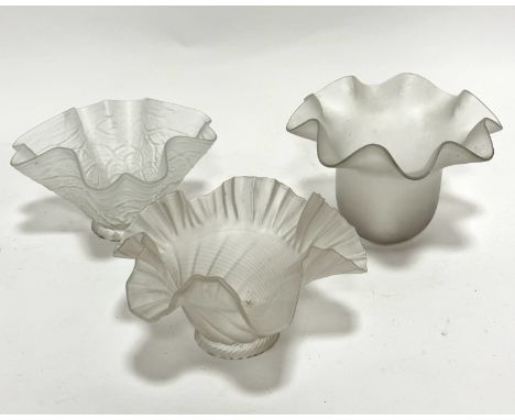 Three various 1900/1920's opaque moulded glass lamp shades with crimped borders, (12cm, 9cm and 9cm) (3)