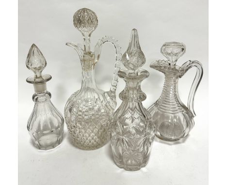 A late 19thc crystal claret jug with faceted stopper and faceted cut handle, with slice cut and hobnail cut base, no signs of