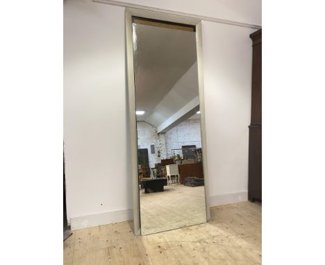 A large department store upright wall mirror, in a grey painted hardwood frame (mirror needs fixing to the frame) H238cm, W91
