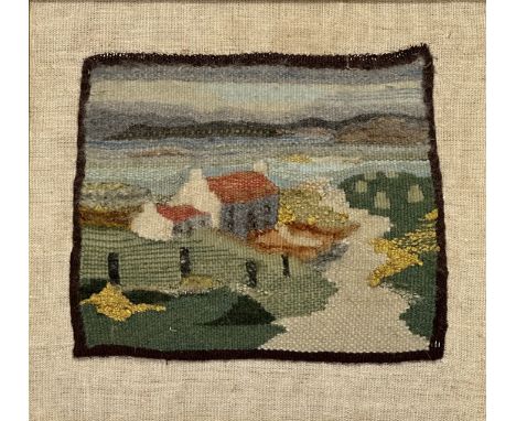 A tapestry panel of a Highland Croft with various bouccle appliques, mounted on linen, gilt composition frame, unsigned, (30c