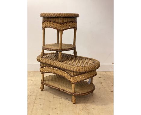 A Vintage wicker verandah coffee table, of oval outline (H48cm, W93cm, D54cm) together with a similar lamp table, (H59cm, D52