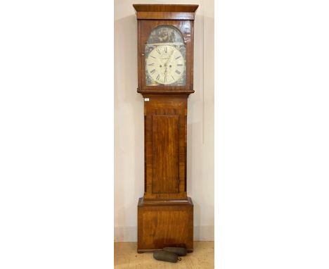 An early 19th century mahogany longcase clock, the white painted dial with Roman chapter ring, sub dials for date and seconds