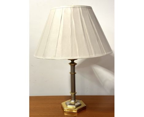 A brass and brushed steel finish octagonal column table lamp on brass mounted base complete with shade, (34cm x 16cm)