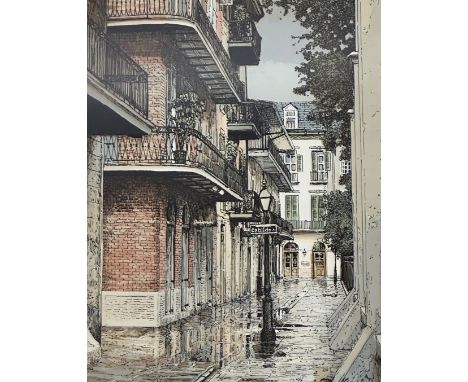 Paul de la Fille, A View of a Street in New Orleans, print highlighted with colour, glazed gilt frame, (33cm x 26cm)