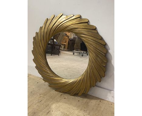 A Large contemporary circular gilt framed wall hanging mirror, D101cm