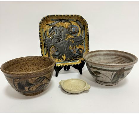 A Wolf House Gallery pottery sugar basin with leaf scrolling design and brown glaze, (9cm x 15cm) and a Dawn Glanville potter