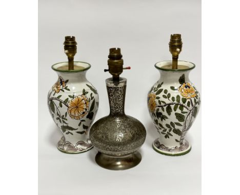 A pair of Constancia Portuguese pottery baluster vase table lamps, decorated with chrysanthemum flowers, (22cm x 10cm), an In