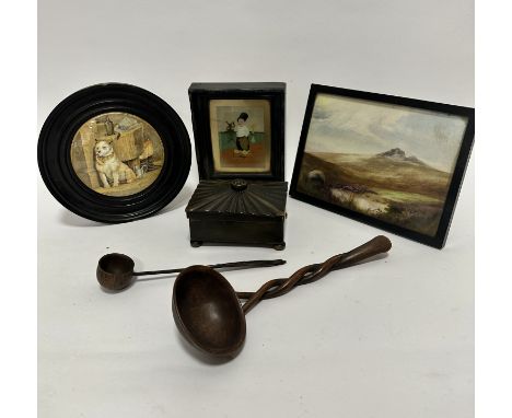 A 19thc treen rectangular box with fluted top, raised on bun feet, (7cm x 11cm x 8cm), a circular pomade lid in ebonised fram