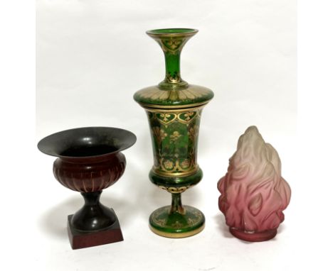 A 19thc green gilded baluster vase (34cm x 9.5cm) and a moulded glass flaming torch style pink to clear light shade, (20cm x 