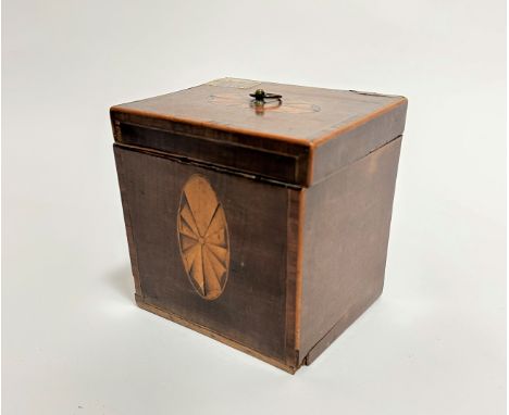 A Georgian mahogany inlaid tea caddy, the hinged top with fan style inlaid oval panel, with brass ring and plain interior, si