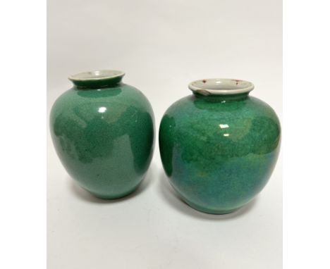 A near pair of Chinese green crackle glazed baluster vases, one with small chip to rim, with six character seal marks verso, 