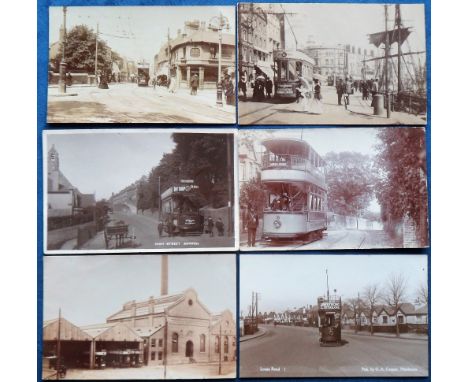 Postcards, Trams, a Kent selection of 6 RPs of trams, inc. Abbey Wood tram close-up, Chatham and District Light Railway tram 