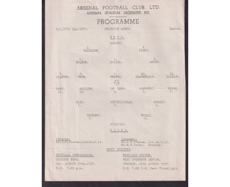 Football programme, Arsenal FC, Reds v Blues, Public Trial Match, 17 Aug 1957, single sheet (vg) (1)