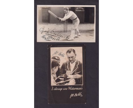 Cricket autographs / postcards, two signed postcards, Cyril Washbrook, Lancashire & England, a photographic card showing Wash