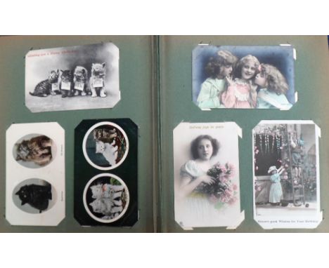 Postcards, a UK topographical & subject mix of approx. 430 cards in 2 vintage albums inc. theatre, greetings (some embossed),