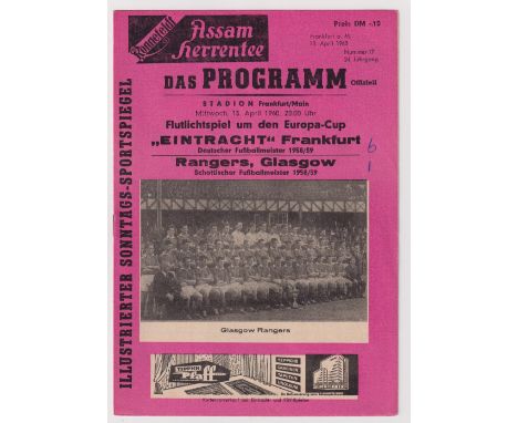 Football programme, Eintracht Frankfurt v Glasgow Rangers 13 Apr 1960, European Cup Semi-Final, pink edition, (scores noted o