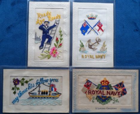 Postcards, Silks, a Royal Navy mix of 4 embroidered silks, inc. 'Ready Aye Ready' with sailor climbing ladder, 'Royal Navy' w