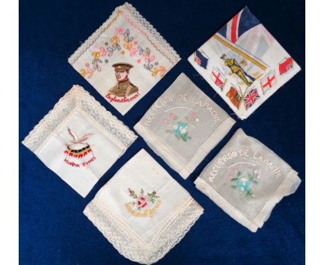 Ephemera, Military Silk Sweetheart Handkerchiefs, a collection of 6 hankies to comprise lace edged 'England Forever' featurin
