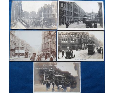 Postcards, Berkshire, 5 RPs of Reading street scenes all with trams and well animated, inc. Reading's first electric car July