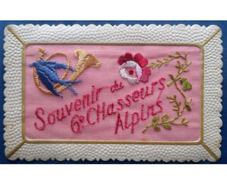 Postcard, Silks, an embroidered silk card 'Souvenir du 6 Chasseurs Alpines' pink background with bluebird and bugle horn inte