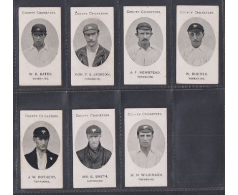 Cigarette cards, Taddy, County Cricketers, Yorkshire, 7 cards, W.E. Bates, Hon. F.S. Jackson, J.F. Newstead, W. Rhodes, J.W. 
