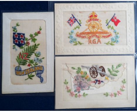 Postcards, Silks, 3 WW1 period embroidered silks inc. R.G.A badge with gold gun and crown above and flags wither side, horizo