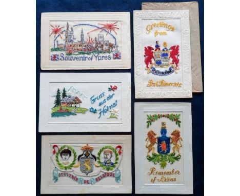 Postcards, Silks, a place name selection of 5 embroidered silks inc. 'Gruss Aus der Heimat' tree lined cottage with mountains