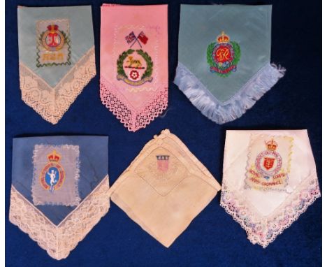 Ephemera, Military Silk Sweetheart Handkerchiefs, a collection of 6 hankies to comprise silk edged Argyll and Sutherland High