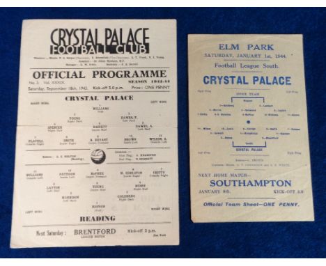 Football programmes, Crystal Palace v Reading 18 Sep 1943 &amp; Reading v Crystal Palace 1 Jan 1944, both single sheet issues