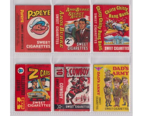 Sweet cigarette packets, Primrose Confectionery, a collection of 6 packets (no slides) for Popeye, Amos Burke Secret Agent, C