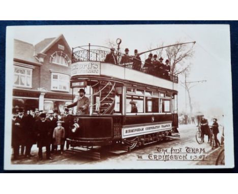 Postcard, RP showing first tram in Erdington, Birmingham, RP, 1st March 1907, by Lewis (vg)