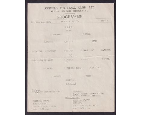 Football programme, Arsenal FC, Reds v Blues, Public Trial Match, 11 Aug 1956, single sheet (vg) (1)