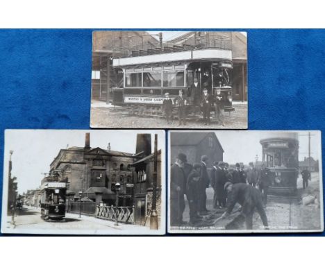 Postcards, Trams, 3 RPs of the Burton and Ashby Light Railway, inc. High St Burton on Trent showing tram close-up at level cr