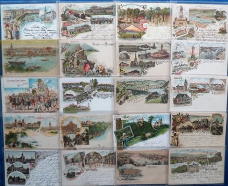 Postcards, German Gruss Aus, 100+ cards depicting colourful scenes inc. one hold to light. Areas include Hamburg, Rennplatz, 