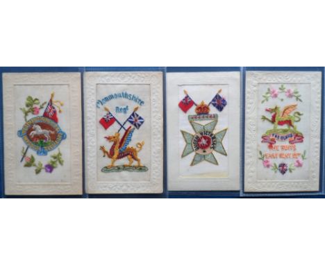 Postcards, Silks, a selection of 4 embroidered regimental silks, inc. 'The Buffs East Kent Regt' with red & green dragon abov