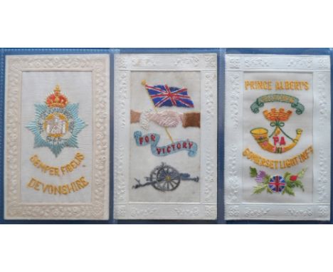 Postcards, Silks, 3 military embroidered silk cards, inc. 'For Victory' with clasped hands above and gun below text, 'Devonsh