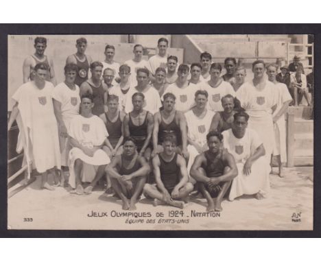 Olympics, Paris 1924, a postcard showing the 1924 USA Swimming Squad inc. Johnny Weissmuller, also several other gold medal w