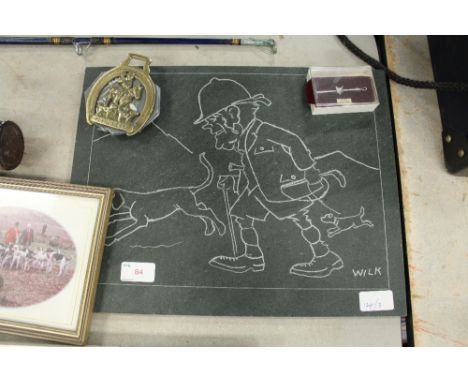 A local slate tile etched with cartoon after Wilk, (William (Bill) Wilkinson) (1906-1994), hunting photograph etc