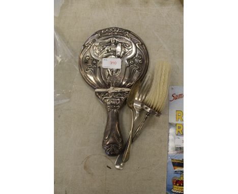 Silver backed Art Nouveau mirror, brush, silver fork and spoon