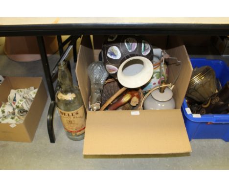 Box of misc. including large vase, lamp, Whiskey bottle etc
