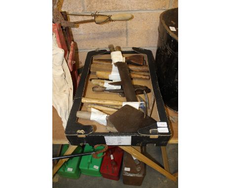 Box of various vintage hand tools, slate picks etc