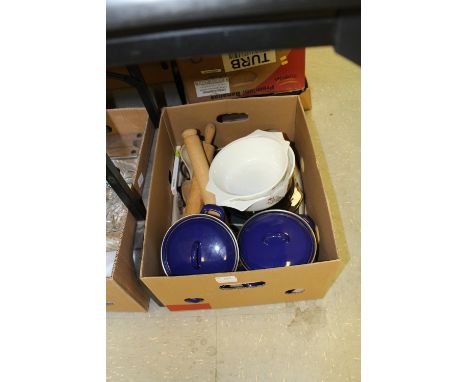 Box kitchen items - scales, 2 casseroles, utensils