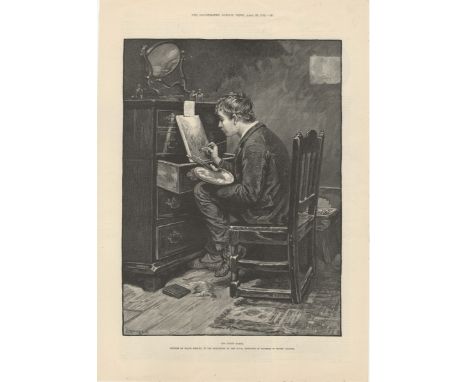 Painting 1891-full page black and white print by R.Taylor-'His First Easel-picture by Ralf Hedley in the exhibition of the Ro