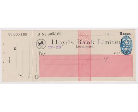 Lloyds Bank Limited, Leominster. Mint, order with c/f, RO 26.8.47. Black on cream with red panel, vignette of a Black Horse i