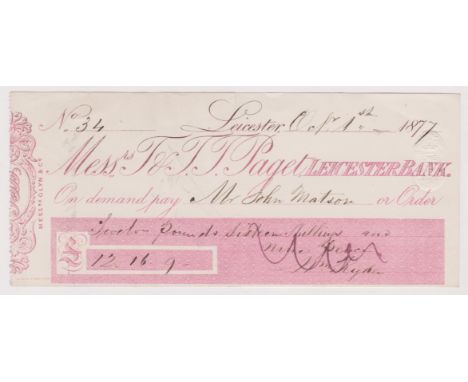 T.T.T. Paget &amp; Co., 1877 Leicester, used cheque order, pink on white
