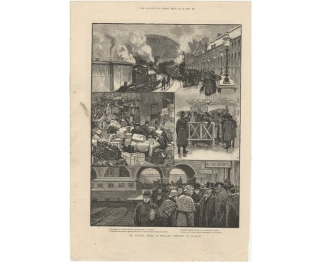 The Rail Strike 1891-full page black and white print-The Railway strike in Scotland-sketches at Glasgow by G Munns 11" x 16" 