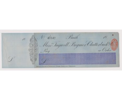 Tugwell, Brymer , Clutterbuck &amp; Co., Bath. Mint, order with c/f,  CO 6.2.86, black on blue with violet panel. Printer: Bl